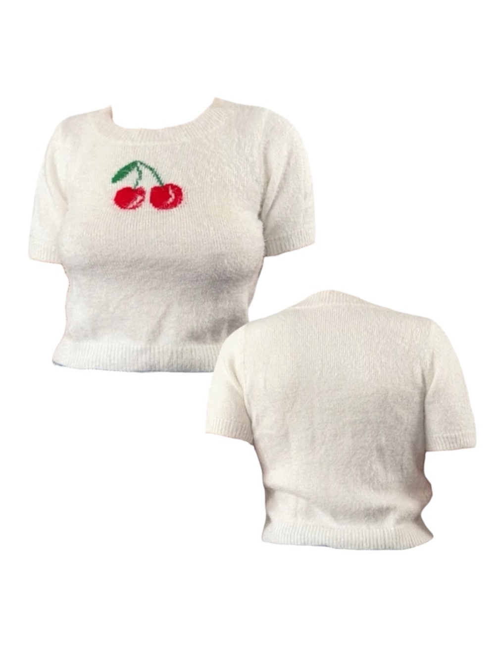 Fuzzy Short-Sleeve Sweater Top with Cherry